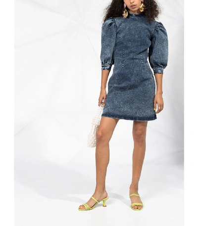 Shop Ganni Puff Sleeve Denim Mini Dress In Blue
