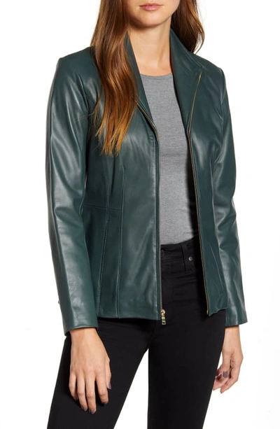 Shop Cole Haan Lambskin Leather Jacket In Emerald