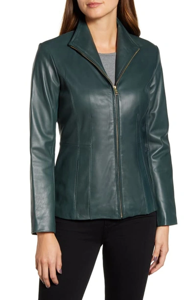 Shop Cole Haan Lambskin Leather Jacket In Emerald