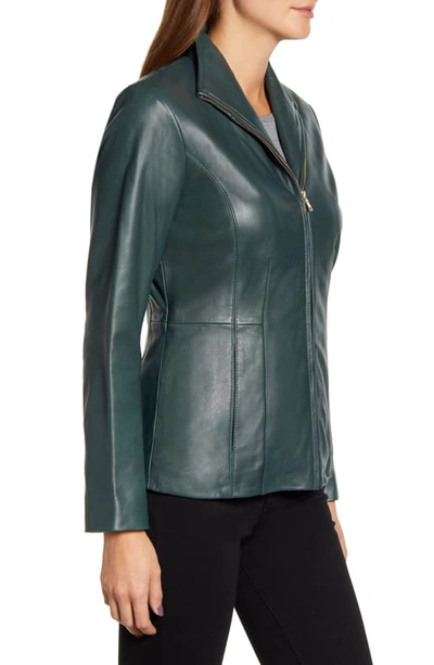 Shop Cole Haan Lambskin Leather Jacket In Emerald