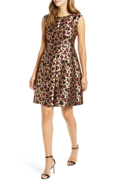 Shop Anne Klein Animal Jacquard Fit & Flare Dress In Vicuna/ Titian Red Combo