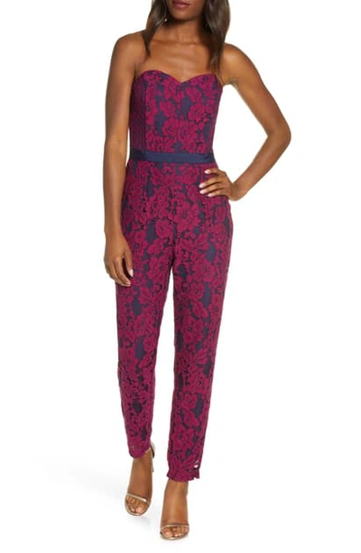 Shop Adelyn Rae Sonya Lace Strapless Jumpsuit In Boysenberry-navy