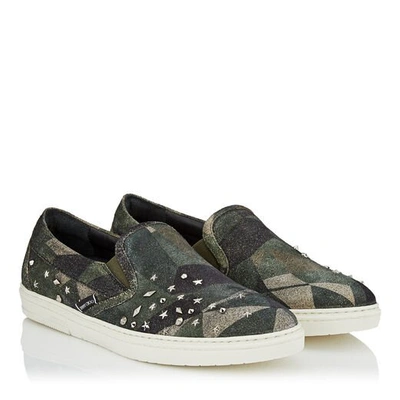 Shop Jimmy Choo Grove Printed Army Camo Distressed Suede Slip On Trainers With Silver Mixed Metal Studs In Army Mix/metal Mix