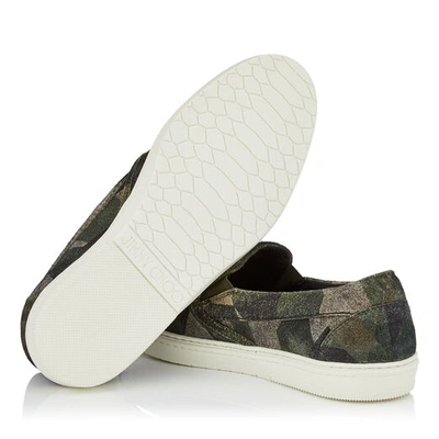 Shop Jimmy Choo Grove Printed Army Camo Distressed Suede Slip On Trainers With Silver Mixed Metal Studs In Army Mix/metal Mix