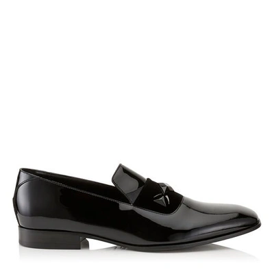 Shop Jimmy Choo Sawn Black Patent Slipper Shoes With Black Velvet Ribbon Detail And Crystal Stone Detailing In Black/black