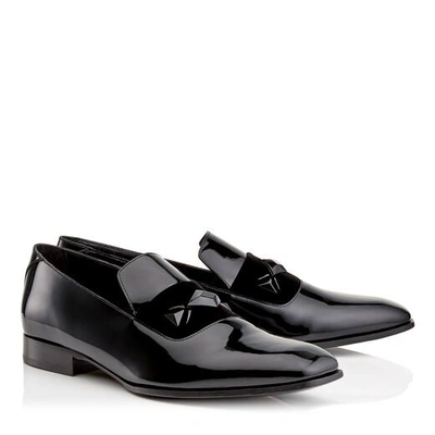 Shop Jimmy Choo Sawn Black Patent Slipper Shoes With Black Velvet Ribbon Detail And Crystal Stone Detailing In Black/black