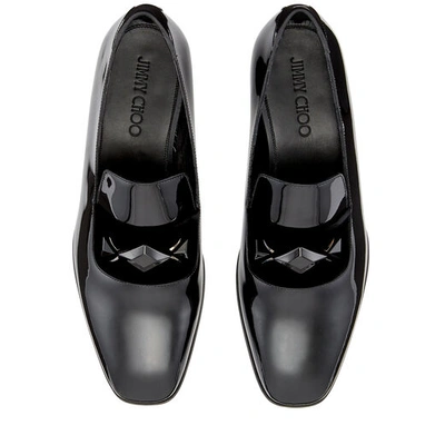 Shop Jimmy Choo Sawn Black Patent Slipper Shoes With Black Velvet Ribbon Detail And Crystal Stone Detailing In Black/black