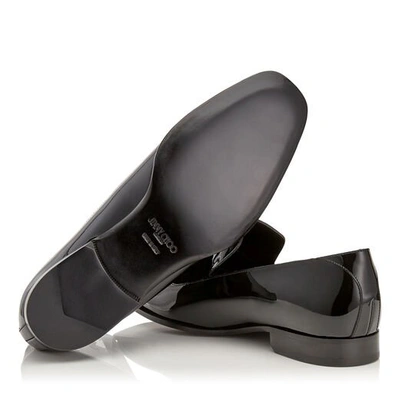 Shop Jimmy Choo Sawn Black Patent Slipper Shoes With Black Velvet Ribbon Detail And Crystal Stone Detailing In Black/black
