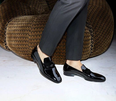 SAWN Black Patent Slipper Shoes with Black Velvet Ribbon Detail and Crystal Stone Detailing