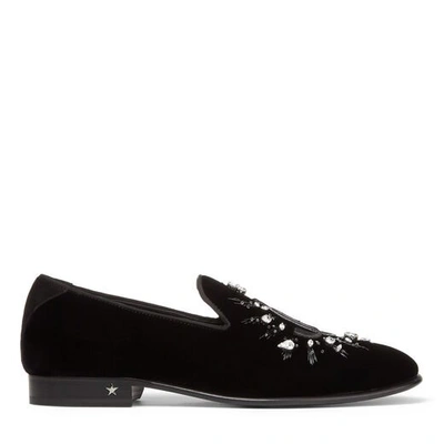 Shop Jimmy Choo Thame Black Velvet Slippers With Jc Embroidery And Crystals In Black Mix
