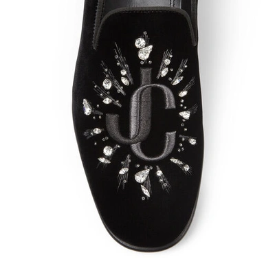 Shop Jimmy Choo Thame Black Velvet Slippers With Jc Embroidery And Crystals In Black Mix