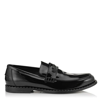 Shop Jimmy Choo Darblay Black Patent Penny Loafers With Steel Studs Detail In Black/steel