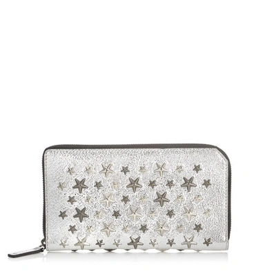 Shop Jimmy Choo Carnaby Champagne Glitter Leather Travel Wallet With Silver And Gunmetal Multi Metal Stars In Champagne/silver Gunmetal Metallic Mix