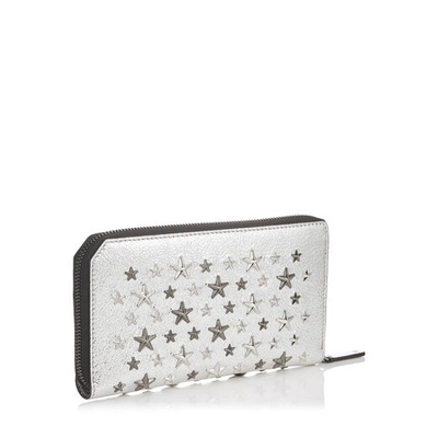 Shop Jimmy Choo Carnaby Champagne Glitter Leather Travel Wallet With Silver And Gunmetal Multi Metal Stars In Champagne/silver Gunmetal Metallic Mix