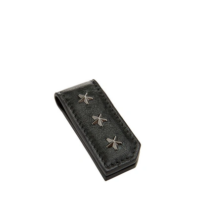 Shop Jimmy Choo Bixby Black Satin Leather Money Clip With Mini Stars In Black/gunmetal