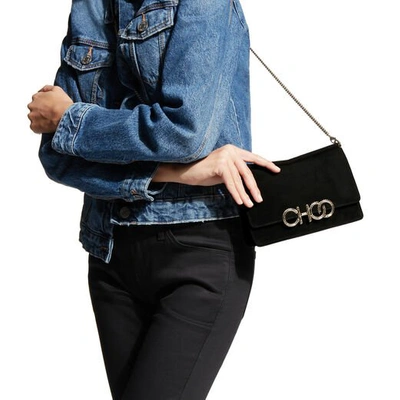 Shop Jimmy Choo Sidney/m Black Suede Cross Body Bag With Crystal Logo