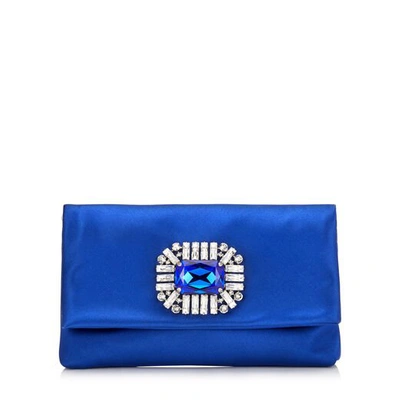 Shop Jimmy Choo Titania Electric Blue Satin Clutch Bag With Jewelled Centre Piece