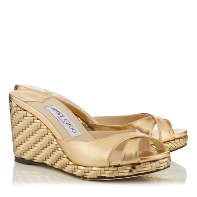 Shop Jimmy Choo Almer 80 Gold Metallic Nappa Mules With Woven Metallic Fabric