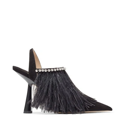 Shop Jimmy Choo Ambre 100 Black And Silver Suede Slingback Heels With Ostrich Feather And Crystal Trim In Black/black/silver Shade