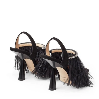 Shop Jimmy Choo Ambre 100 Black And Silver Suede Slingback Heels With Ostrich Feather And Crystal Trim In Black/black/silver Shade