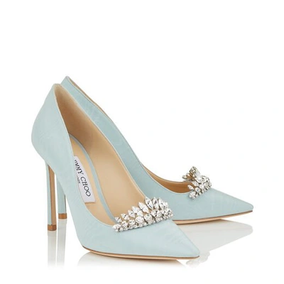 Shop Jimmy Choo Romy 100 Something Blue Moire Fabric Pointy Toe Pumps With Crystal Tiara In Something Blue/crystal