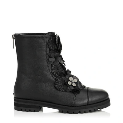 HAVANA FLAT Black Soft Textured Leather with Floral Applique Combat Boots