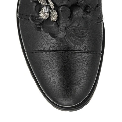 HAVANA FLAT Black Soft Textured Leather with Floral Applique Combat Boots