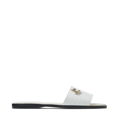 Shop Jimmy Choo Minea Flat Latte Croc-embossed Leather Flat Sandals With Jc Logo