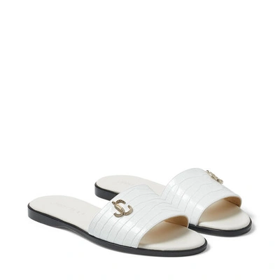 Shop Jimmy Choo Minea Flat Latte Croc-embossed Leather Flat Sandals With Jc Logo