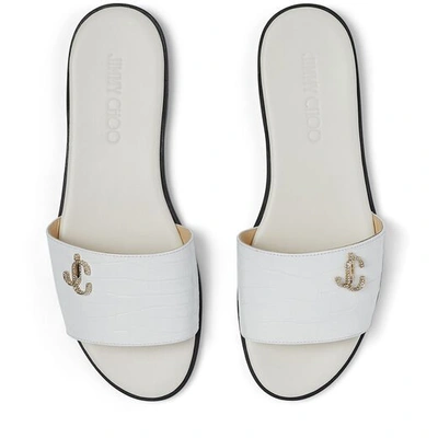 Shop Jimmy Choo Minea Flat Latte Croc-embossed Leather Flat Sandals With Jc Logo