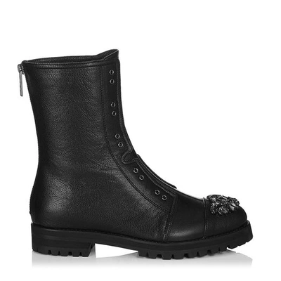 Shop Jimmy Choo Hatcher Black Grainy Leather Combat Boots With Crystal Detail