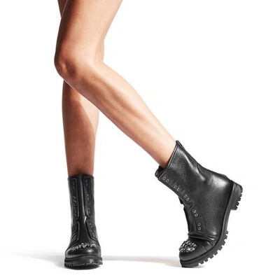 Shop Jimmy Choo Hatcher Black Grainy Leather Combat Boots With Crystal Detail