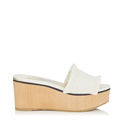 Shop Jimmy Choo Deedee 80 Latte Frayed Cotton And Wooden Wedge Sandal