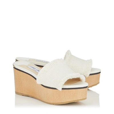 Shop Jimmy Choo Deedee 80 Latte Frayed Cotton And Wooden Wedge Sandal