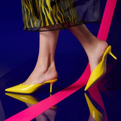 Shop Jimmy Choo Rav 65 Fluorescent Yellow Liquid Leather Mule Pump In Fluo Yellow