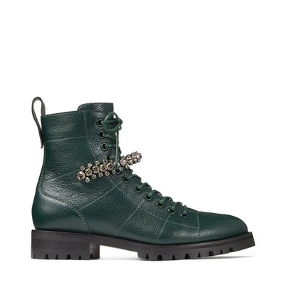 Shop Jimmy Choo Cruz Flat Dark Green Grainy Leather Combat Boots With Crystal Detail
