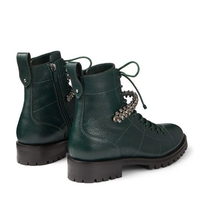 Shop Jimmy Choo Cruz Flat Dark Green Grainy Leather Combat Boots With Crystal Detail