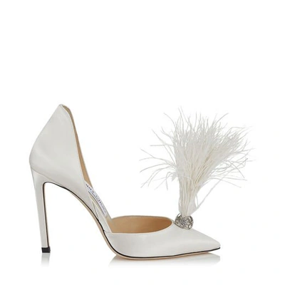 Shop Jimmy Choo Liz 100 Ivory Satin Pointy Toe Pumps With Crystals And Fascinator Feathers