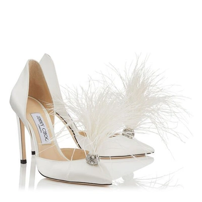 Shop Jimmy Choo Liz 100 Ivory Satin Pointy Toe Pumps With Crystals And Fascinator Feathers