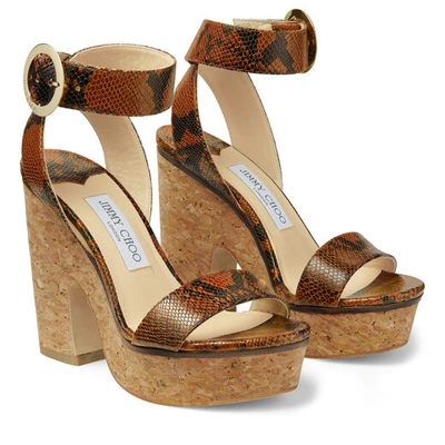 Shop Jimmy Choo Aimee 125 Cuoio Snake Print Leather Sandal Wedges