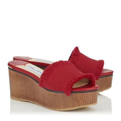 Shop Jimmy Choo Deedee 80 Red Frayed Cotton And Wooden Wedge Sandal