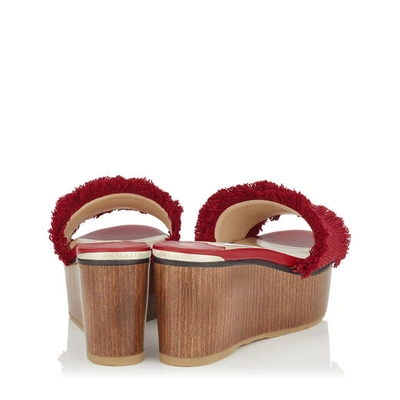 Shop Jimmy Choo Deedee 80 Red Frayed Cotton And Wooden Wedge Sandal