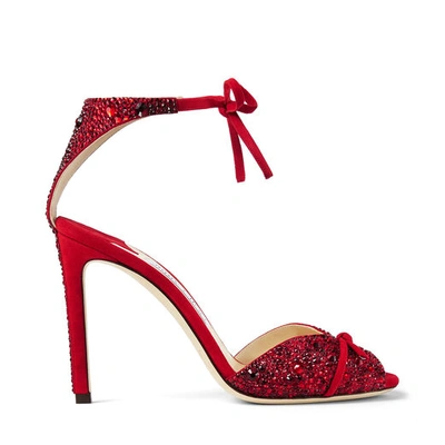 Shop Jimmy Choo Talaya 100 Red Suede Sandals With Crystal Hot Fix