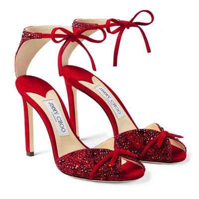 Shop Jimmy Choo Talaya 100 Red Suede Sandals With Crystal Hot Fix