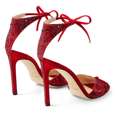 Shop Jimmy Choo Talaya 100 Red Suede Sandals With Crystal Hot Fix