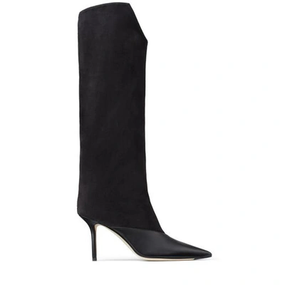 Shop Jimmy Choo Brelan 85 Black Calf Leather And Suede Knee-high Boots In Black/black