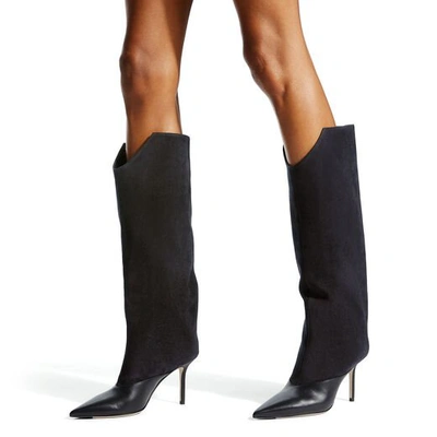 Shop Jimmy Choo Brelan 85 Black Calf Leather And Suede Knee-high Boots In Black/black