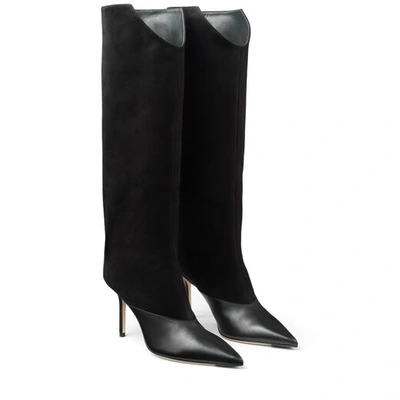 Shop Jimmy Choo Brelan 85 Black Calf Leather And Suede Knee-high Boots In Black/black