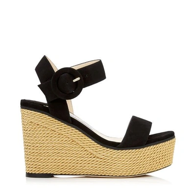 Shop Jimmy Choo Abigail 100 Black Suede Chunky Wedge Sandals With Gold Rope In Black/gold