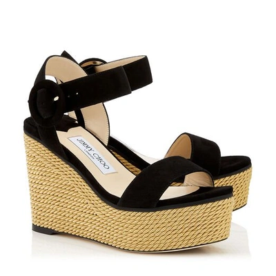 Shop Jimmy Choo Abigail 100 Black Suede Chunky Wedge Sandals With Gold Rope In Black/gold